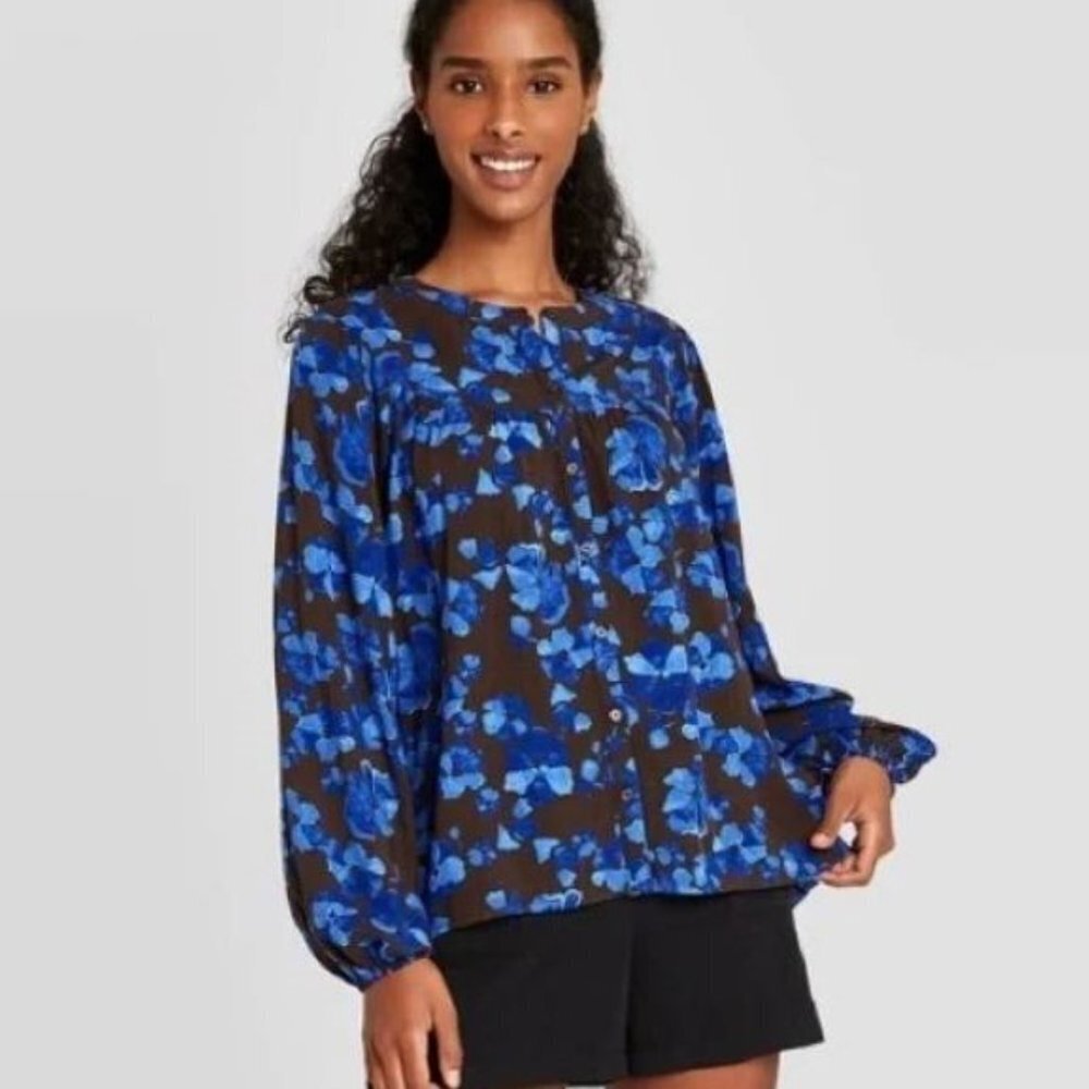 A new Day Blue Brown Floral Blouse XS New with Tags